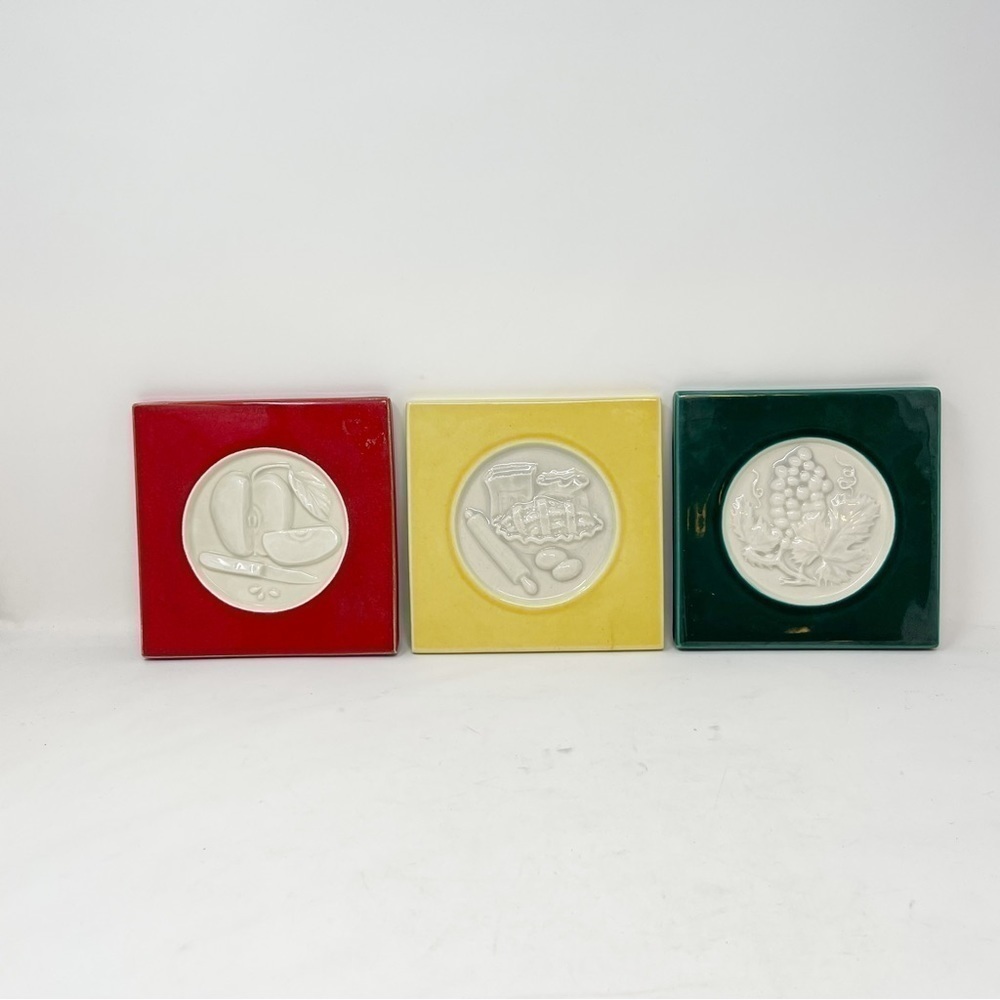 Set Of 3 Vintage FRASER CLAY WORKS Cork Back Tiles Trivets Red Green Yellow USA